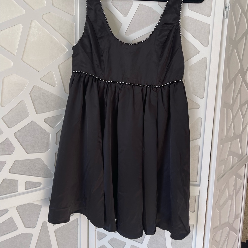 Holiday Black Satin Mini Empire Waist Dress with Rhinestone Detail